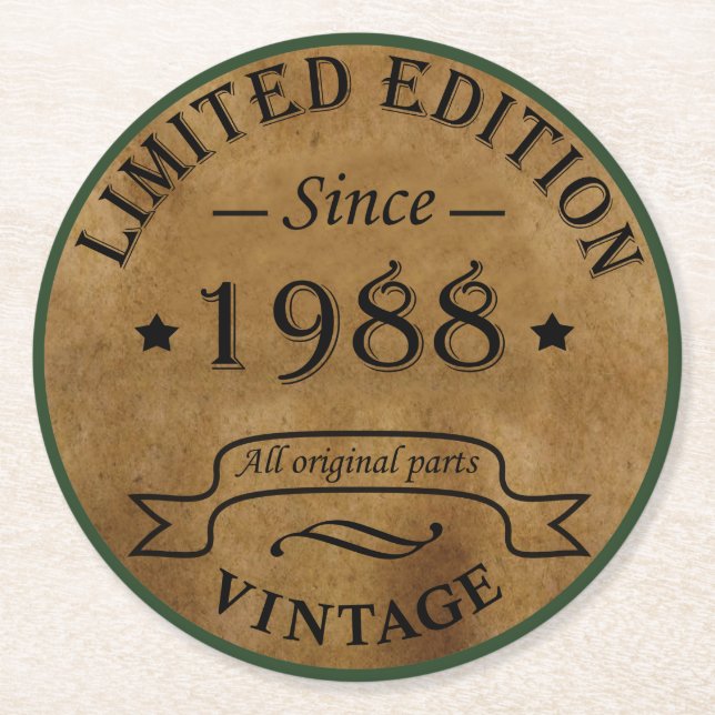 född 1988, vintagens födelsedag underlägg papper rund (Framsidan)