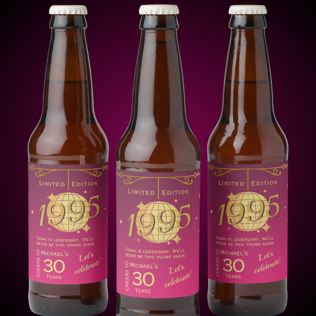 Född 1995 30års födelsedag rosa öletikett ölflaska etikett (Skapare uppladdad)