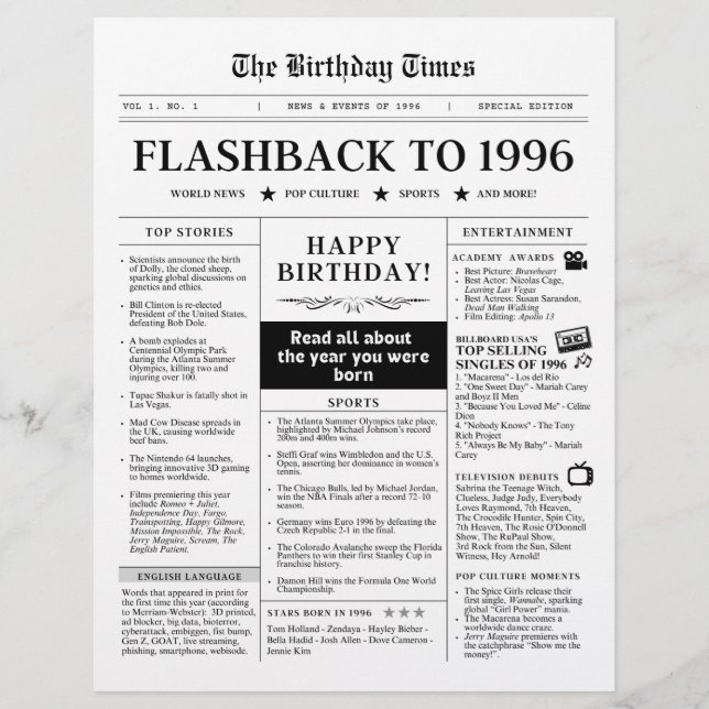 Född 1996 Rolig Svart och Vit Tidning (Framsida)