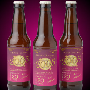 Född 2005 20:e födelsedagsfest rosa öletikett ölflaska etikett