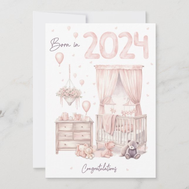 Född 2024 - Grattis Nyfödd bebis Girl Card Julkort (Framsida)