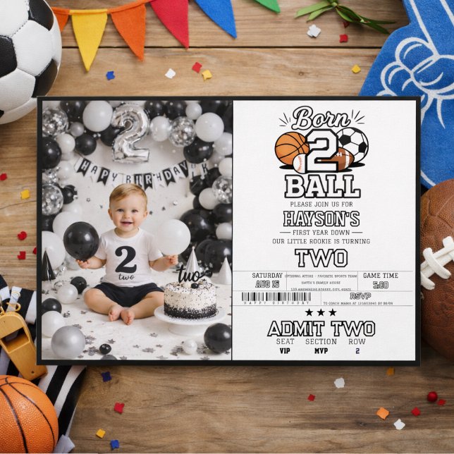 Född 2 Ball | Sportstematisk pojke 2-års fotot til Inbjudningar (Born 2 Ball Sports Themed Boy 2nd Birthday Party Invitation)