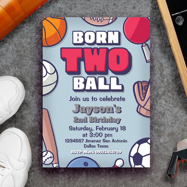 Född 2 Boll - 2:a födelsedagspojken Inbjudningar (Born Two Ball - 2nd Birthday - Sports Themed - Boy Invitation)
