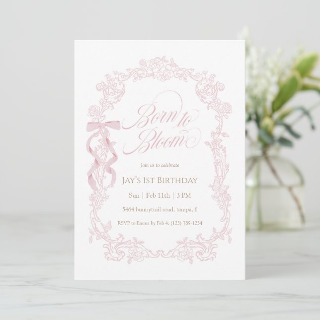 Född att blomma Rosa Blommig 1-årsdag Inbjudningar (Stående Fram)