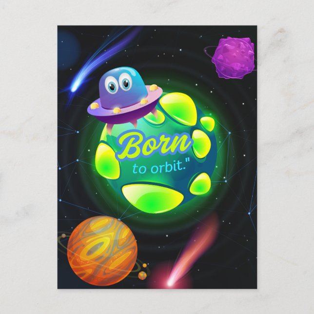 Född att gå i omloppsbana vykort (Framsida)