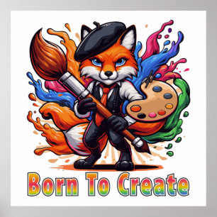 Född att skapa konstnär Räv Målare Maskot Färgrik Poster