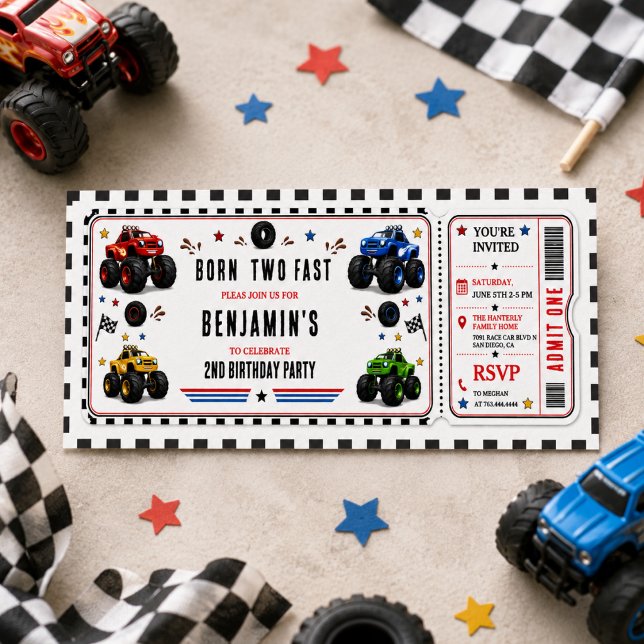 Född att växa två snabba monster trucks 2-års föde inbjudningar (Born to Grow Two Fast Monster Trucks 2nd Birthday Invitation
)