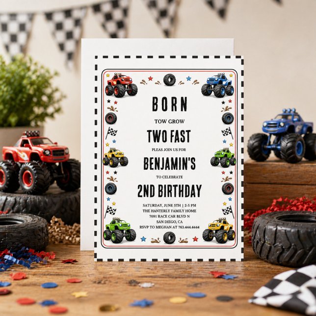 Född att växa Två snabba monstertruckar 2-årsdag Inbjudningar (Born to Grow Two Fast Monster Trucks 2nd Birthday Invitation
)