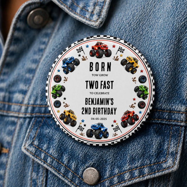 Född att växa Två snabba monstertruckar 2-årsdag Knapp (Born to Grow Two Fast Monster Trucks 2nd Birthday Button
)