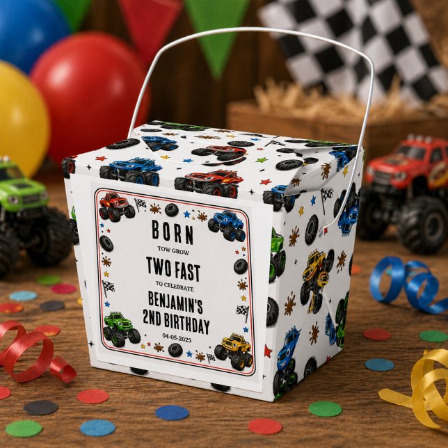 Född att växa Två snabba monstertruckar 2-årsdag Presentaskar (Born to Grow Two Fast Monster Trucks 2nd Birthday Favor Boxes
)