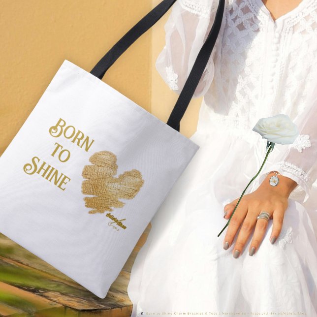 Född för att lysa Vit Totebag av Poet Adiela Akoo Tygkasse (Born to Shine Tote & Charm Bracelet designd by Poet Adiela Akoo. Love It? GET it! A gr8t gift combo!)