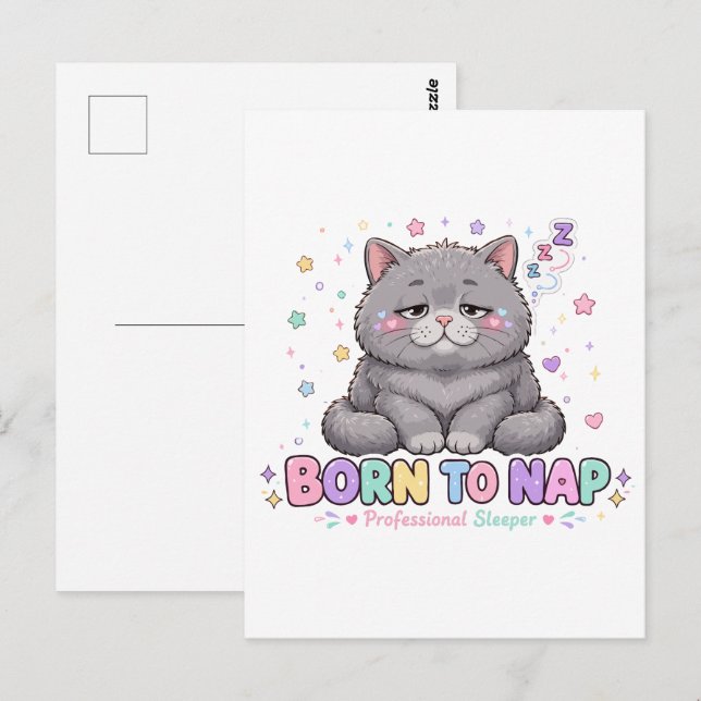 Född för att Sova Söt Katt Vykort (Fram/baksida)