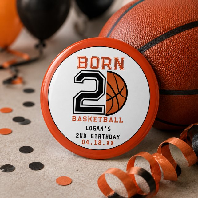 Född för att spela basket 2-års födelsedagsfest knapp (Born 2 Ball Basketball 2nd Birthday Party button)