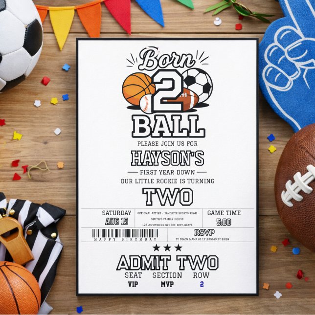 Född för att spela sport - Pojkars 2-års födelseda Inbjudningar (Born 2 Ball Sports Themed Boy 2nd Birthday Party Invitation
)