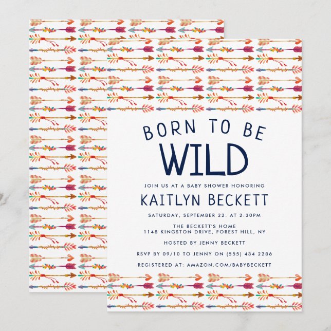 Född för att vara Vild, boho Arrows Baby Shower Inbjudningar (Fram/baksida)