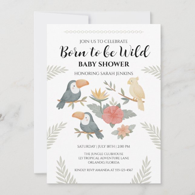 Född för att vara vild Toucan Baby Shower Inbjudan (Framsida)