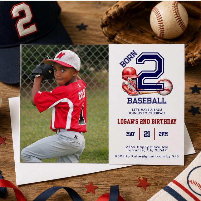 Född för baseboll | Pojkars 2-årsdag tema sport Inbjudningar (Born 2 Baseball | Sports Theme Boy's 2nd Birthday Invitation)