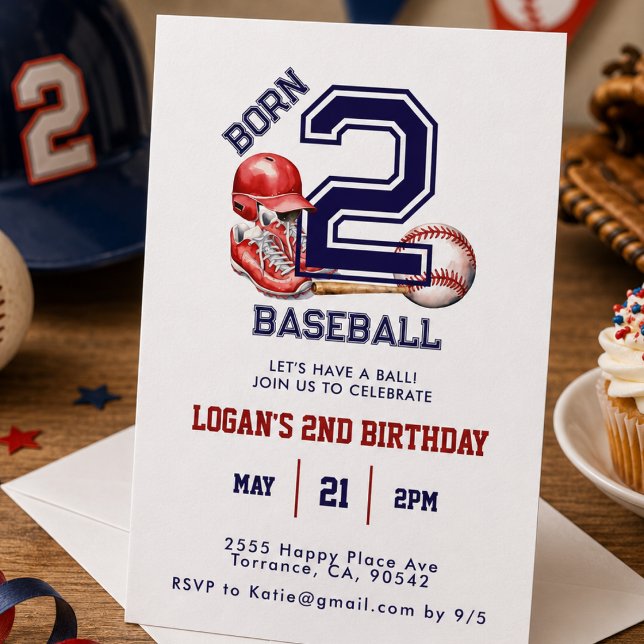 Född för baseboll | Pojkars 2-årsdag tema sport Inbjudningar (Born 2 Baseball | Sports Theme Boy's 2nd Birthday Invitation)
