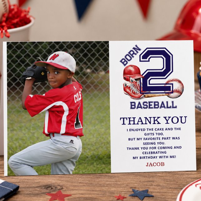 Född för baseboll | Pojkars 2-årsdag tema sport Tack Kort (Born 2 Baseball | Sports Theme Boy’s 2nd Birthday Thank You Card)