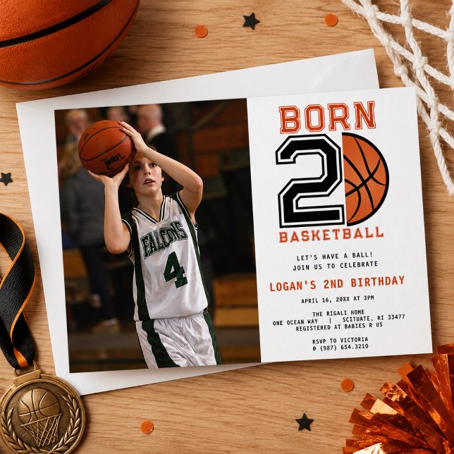 Född för basket 2-års födelsedag Sport Foto Inbjudningar (Born 2 Basketball 2nd Birthday Sport Photo Invitation
)