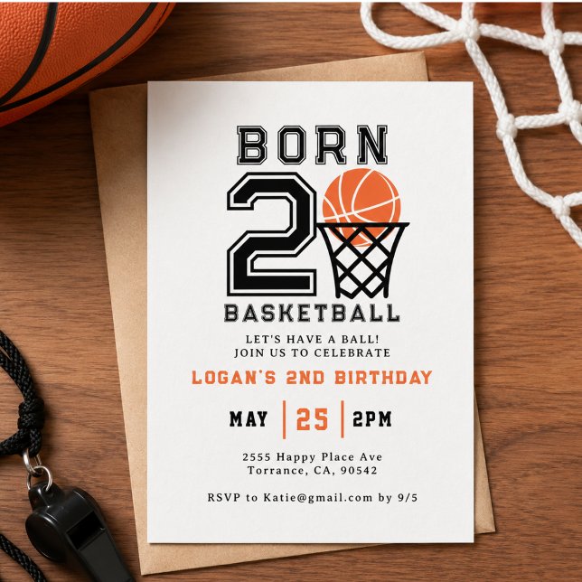 Född för basket | Sport  Pojkens 2-årsdag Inbjudningar (Born 2 Basketball | Sports Boy's 2nd Birthday Invitation)