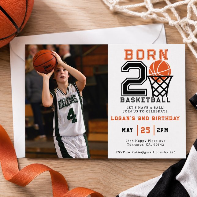 Född för basket | Sport  Pojkens 2-årsdag Inbjudningar (Born 2 Basketball | Sports Boy's 2nd Birthday Invitation)