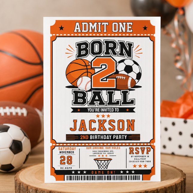Född för sport Pojke 2-års födelsedagsfest Inbjudningar (Born 2 Ball Sports Boy 2nd Birthday party Invitation
)