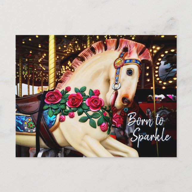 Född i Gnistra Karousel Horse Photo Calligraphy Vykort (Framsida)