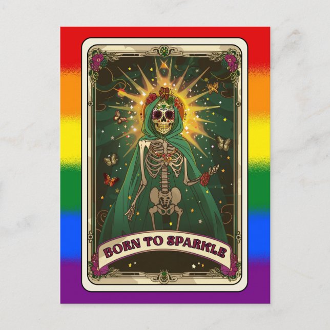 Född i Gnistra Tarot LGBT Pride Skeleton Vykort (Framsida)