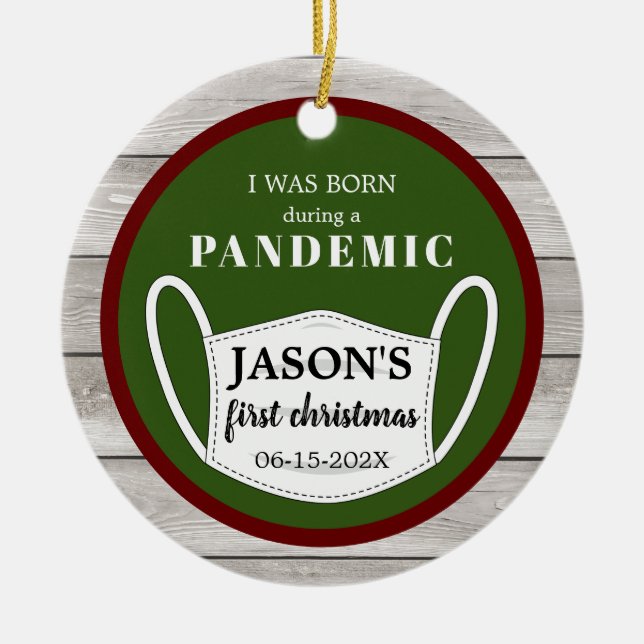 Född i Pandemirött och grönt med trä och foto Julgransprydnad Keramik (Framsidan)