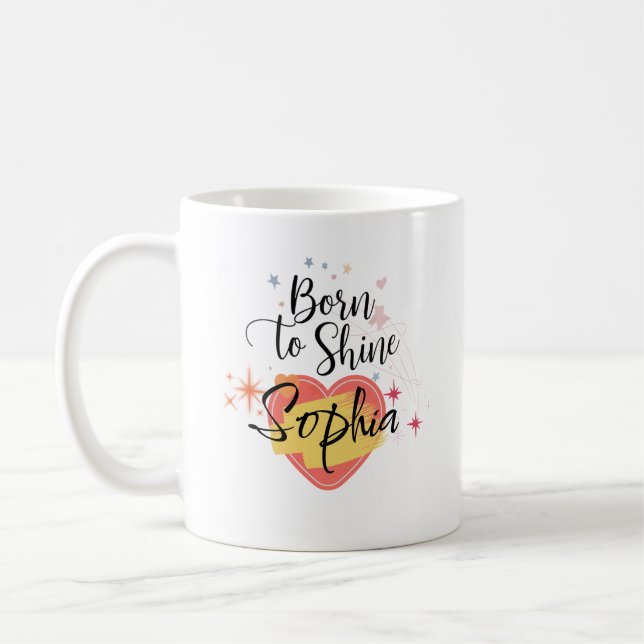 Född i Shine Sophia - Personlig Namn Mugg Gift (Vänster)