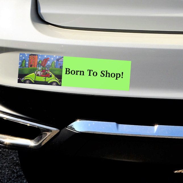 Född i Shop Car Gifts Bildekal (Woman with gifts driving bright green car on green Born to Shop bumper sticker for your car.)