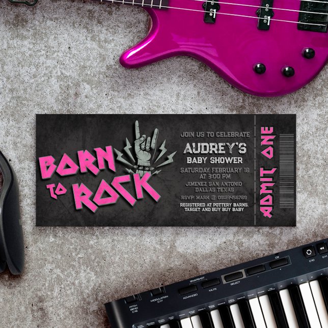 Född i Sten - inbjudan till Biljett till för babyb (Born to Rock - Girl Baby Shower Ticket Invitation)
