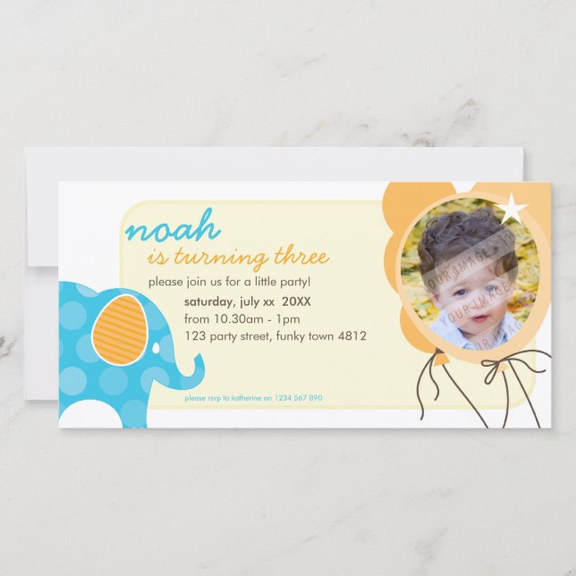 FÖDD INBJUDAN: elefant + ballonger 1 (Framsida)