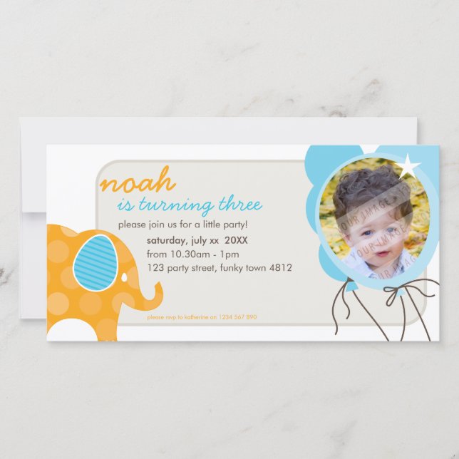 FÖDD INBJUDAN: elefant + ballonger 2 (Framsida)