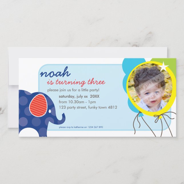 FÖDD INBJUDAN: elefant + ballonger 3 (Framsida)