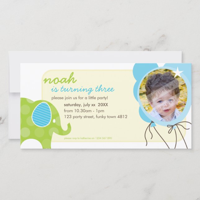 FÖDD INBJUDAN: elefant + ballonger 6 (Framsida)