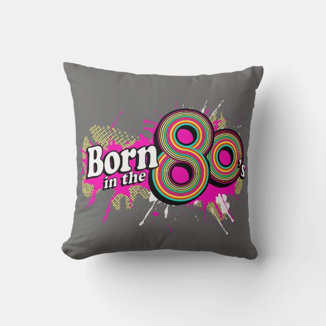 född på 80-talet retro grå rosa kudde (Framsida)