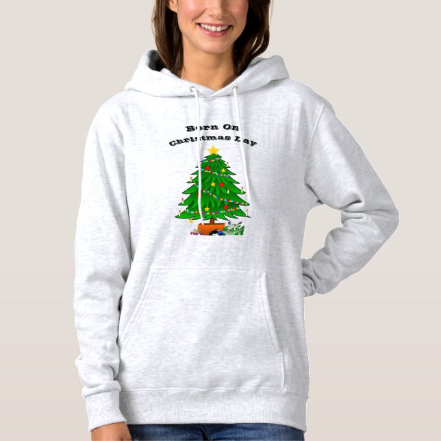 Född på juldagen" Unisex Hoodie - Träd Design T Shirt (Framsida)