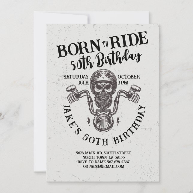 Född till riden Biker Birthday Skull Inbjudningar (Framsida)