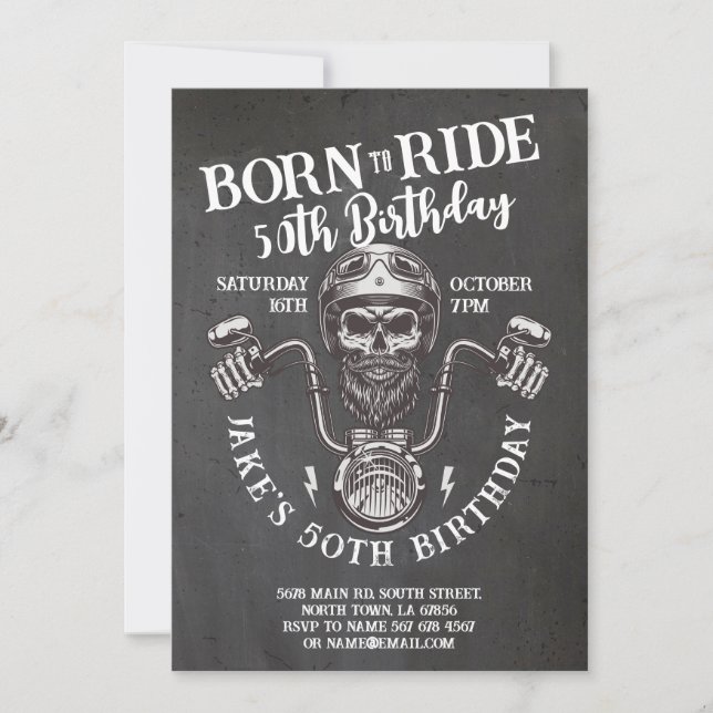 Född till riden Biker Birthday Skullkrita Inbjudningar (Framsida)