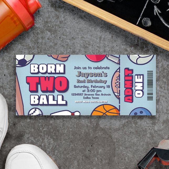 Född två Boll - andra födelsedag Biljett Inbjudningar (Born Two Ball - 2nd Birthday Boy Ticket Invitation - Sports Themed)