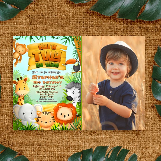 Född två gånger i Vild - Safari 2:a födelsedagen m Inbjudningar (Born Two Be Wild - Safari 2nd Birthday with Photo Invitation)