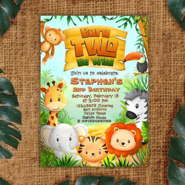 Född två gånger om Vilden - Safari 2:a födelsedage Inbjudningar (Born Two Be Wild - Safari 2nd Birthday Invitation)