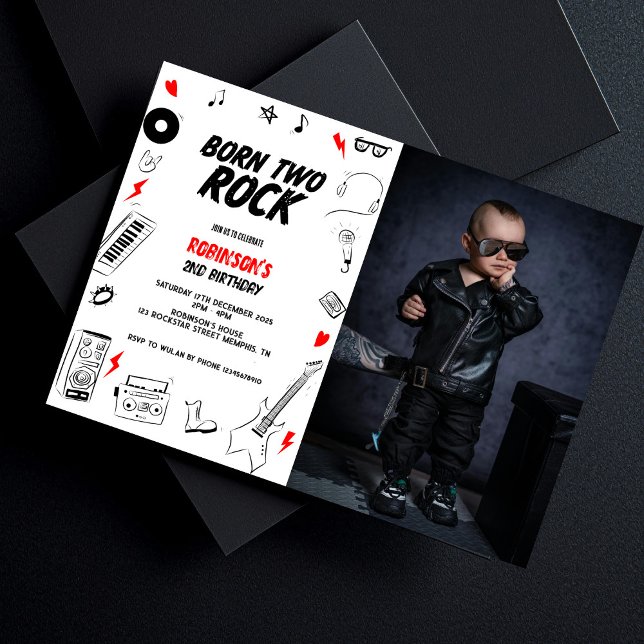 Född två Sten Rockstar 2:a födelsedagsfoto Inbjudningar (Skapare uppladdad)
