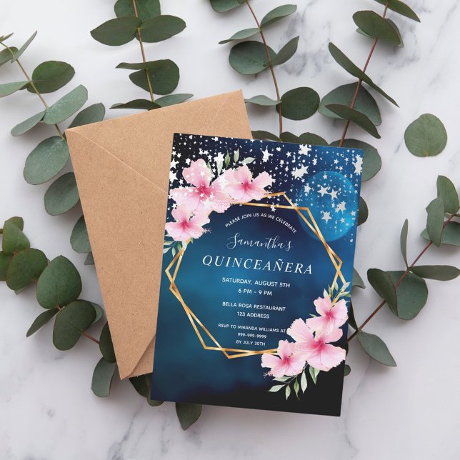 Födeldagens blå himmel stjärnor rosa blommigt guld inbjudningar (Skapare uppladdad)