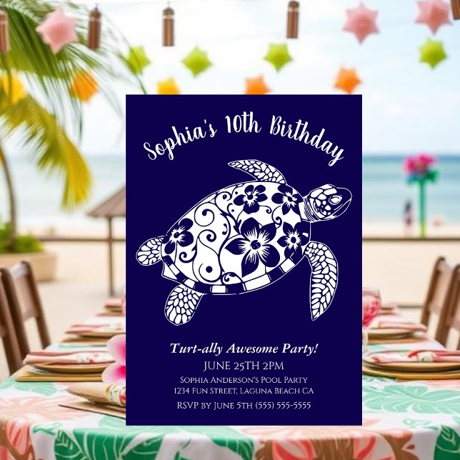 Födelsagsfest-Hawaiisk Sköldpadda Inbjudningar (Birthday Party Invitation, Hawaiian Turtle, Tropical Flowers, Hawaiian Tribal, summer, beach, pool)