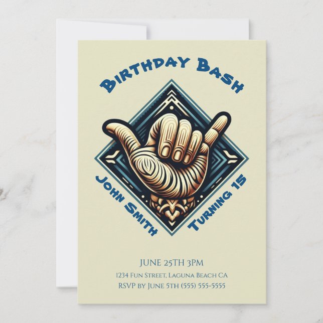 Födelsagsfest- Surfare Hand Symbol- Inbjudningar (Framsida)