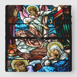 Födelse av det Jesus målat glassfönstret Fyrkantig Klocka