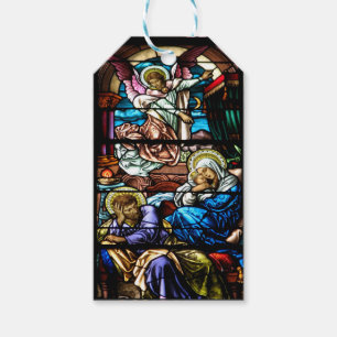 Födelse av det Jesus målat glassfönstret Presentetikett